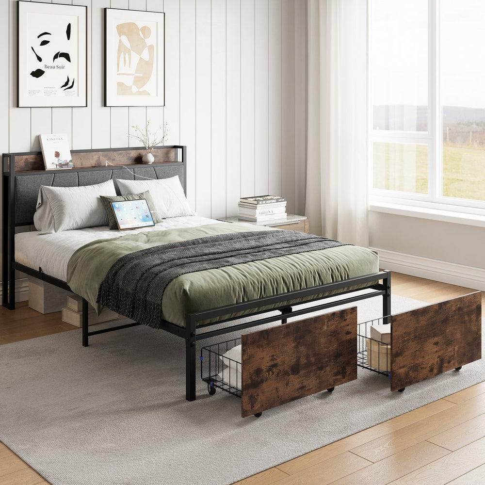 English Elm Full Size Bed Frame with Storage Headboard, Built-In Charging Station, 2 Drawers, Vintage Brown Gray W840137806
