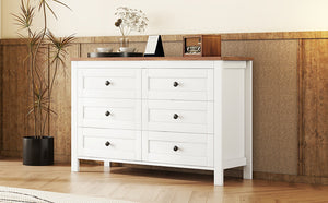 English Elm Retro Vintage Farmhouse Dresser with 6 Deep Drawers for Bedroom Storage, Durable Wooden Design White 59.84 L x 18.31 W x 12.6 H WF317946AAK