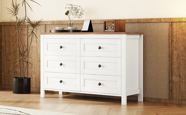 English Elm Retro Vintage Farmhouse Dresser with 6 Deep Drawers for Bedroom Storage, Durable Wooden Design White 59.84 L x 18.31 W x 12.6 H WF317946AAK