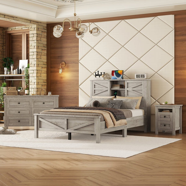 English Elm 3-Pieces Farmhouse Full Size Platform Bed Set with Nightstand & Dresser — Modern Storage, Durable Wood Finish Antique Gray 59.84 L x 18.31 W x 12.6 H HL000091AAG
