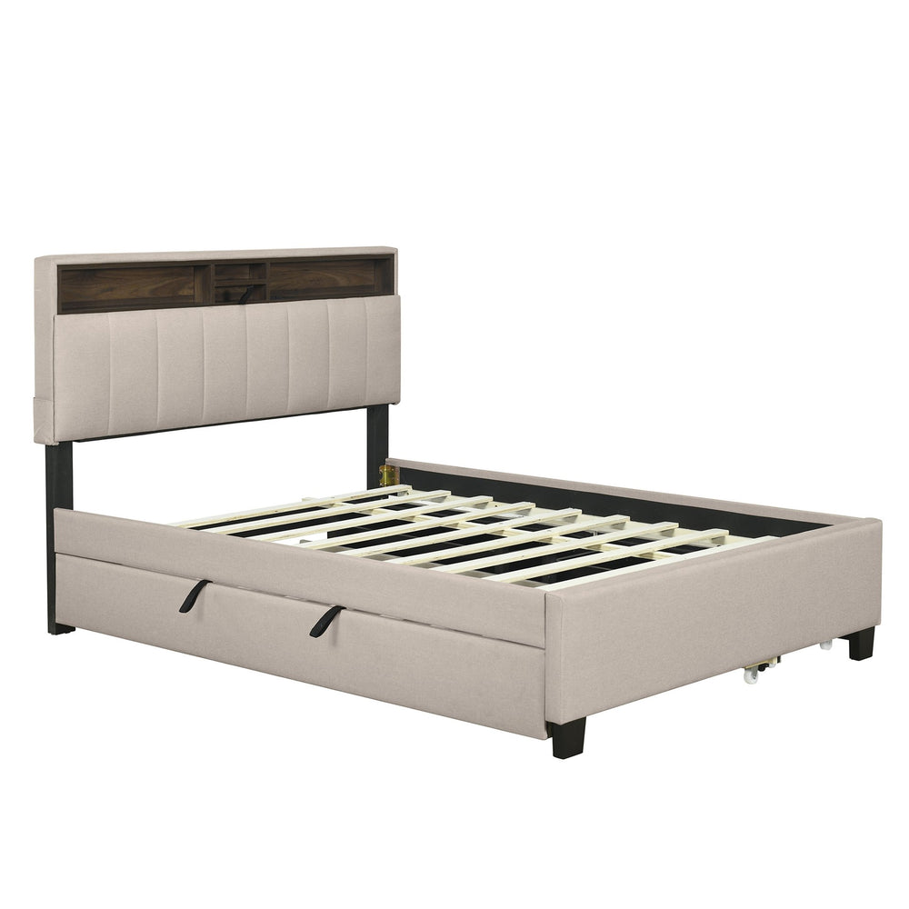 English Elm Full Upholstered Platform Bed with Hidden Headboard Storage, USB Ports, Trundle & 2 Drawers, Linen Durable Design Beige SF000120AAA