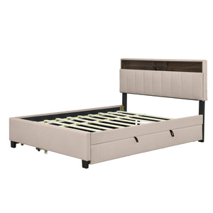 English Elm Queen Upholstered Platform Bed with Hidden Headboard Storage, USB Ports, Trundle & Dual Drawers Beige SF000121AAA