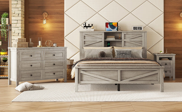 English Elm 3-Pieces Bedroom Set Full Size Farmhouse Platform Bed with Storage Headboard, Nightstand & Dresser Antique Gray 46.25 L x 9.25 W x 9 H N733S369037G