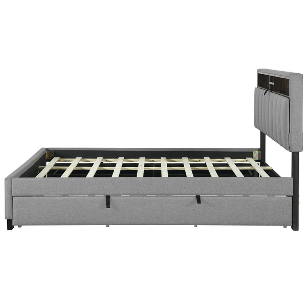 English Elm Queen Upholstered Platform Bed with Hidden Headboard Storage, USB Ports, Trundle & Dual Drawers Gray SF000121AAE