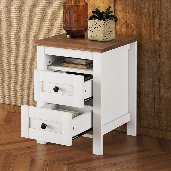 English Elm 2-Drawer Farmhouse Nightstand with Spacious Storage, Weathered White-Brown Wood Side Table, Durable Elegance WF317945AAK
