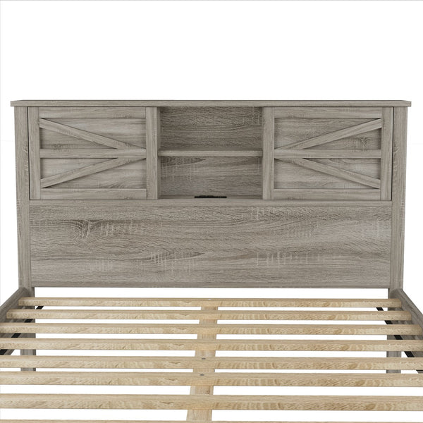 English Elm 3-Pieces Bedroom Set Full Size Farmhouse Platform Bed with Storage Headboard, Nightstand & Dresser Antique Gray 59.25 L x 18.31 W x 8.27 H N733S369048G