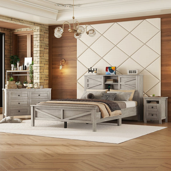 English Elm 3-Pieces Bedroom Set Full Size Farmhouse Platform Bed with Storage Headboard, Nightstand & Dresser Antique Gray 46.25 L x 9.25 W x 9 H N733S369037G