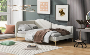 English Elm Twin Upholstered Daybed with Headboard and Armrest, Linen-Blend Finish, Guardrails, Solid Pine Frame Beige WF318293AAM