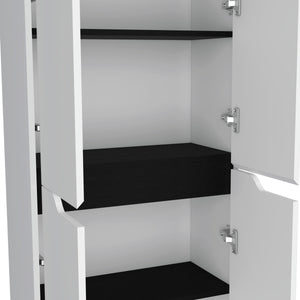 English Elm 67"H Pine Kitchen Storage Cabinet with 4 Doors, 5 Shelves, White & Black Finish - Slim 23.6" W Design, Durable Laminated Particle Board B097P167411
