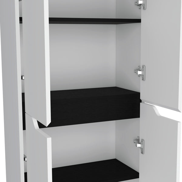 English Elm 67"H Pine Kitchen Storage Cabinet with 4 Doors, 5 Shelves, White & Black Finish - Slim 23.6" W Design, Durable Laminated Particle Board B097P167411