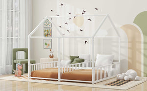 English Elm Metal Twin House Platform Bed with Guardrails and Playful Roof Window Design for Families Antique White MF307505AAK