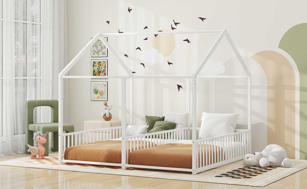 English Elm Metal Twin House Platform Bed with Guardrails and Playful Roof Window Design for Families Antique White MF307505AAK