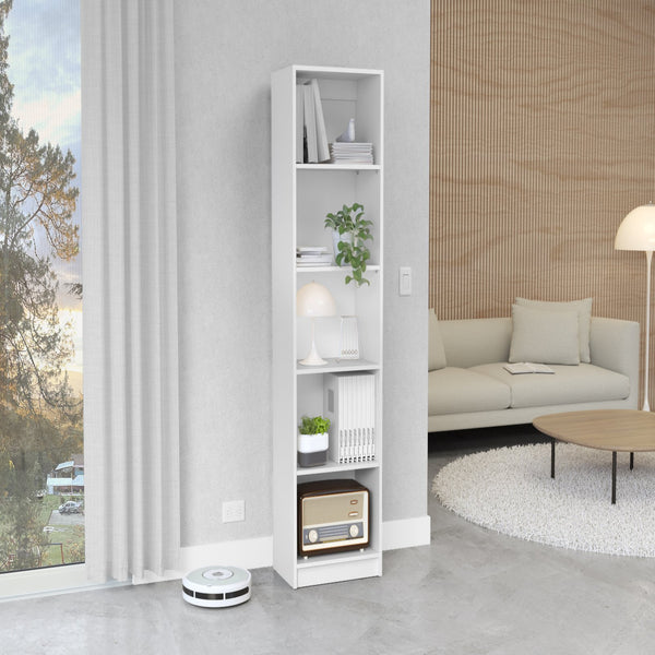 English Elm Vinton compact bookcase with five shelves for small spaces, durable pine-style wood, easy assembly White 44.88 L x 15.35 W x 5.12 H B097P167422