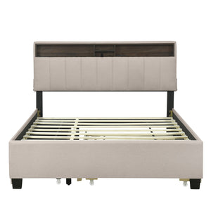English Elm Queen Upholstered Platform Bed with Hidden Headboard Storage, USB Ports, Trundle & Dual Drawers Beige SF000121AAA