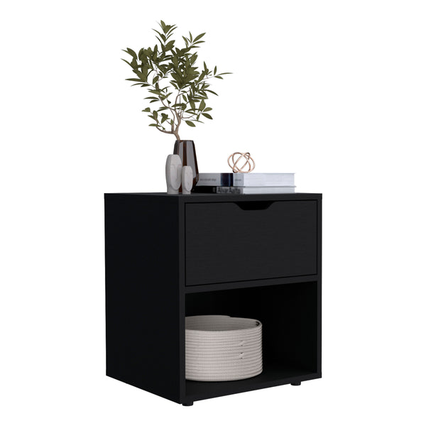 English Elm 19.7" High Nightstand End Table with Drawer & Open Shelf, Compact Black Pine Finish for Small Spaces B097P167408