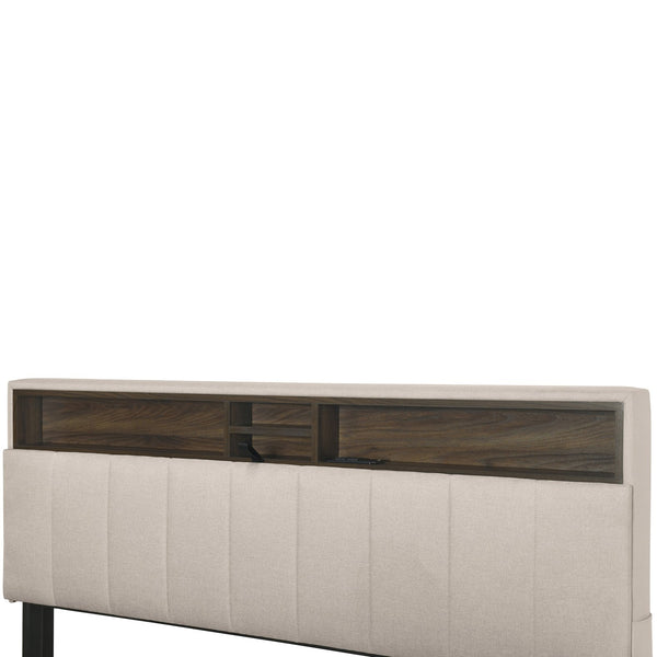 English Elm Queen Upholstered Platform Bed with Hidden Headboard Storage, USB Ports, Trundle & Dual Drawers Beige SF000121AAA