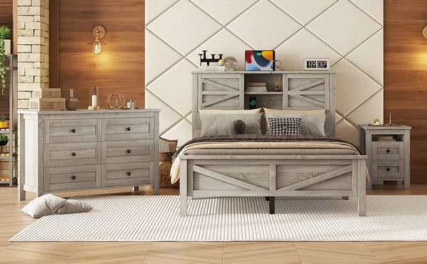English Elm 3-Pieces Bedroom Set Full Size Farmhouse Platform Bed with Storage Headboard, Nightstand & Dresser Antique Gray 59.25 L x 18.31 W x 8.27 H N733S369048G