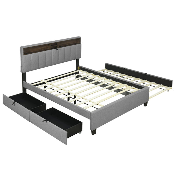 English Elm Queen Upholstered Platform Bed with Hidden Headboard Storage, USB Ports, Trundle & Dual Drawers Gray SF000121AAE