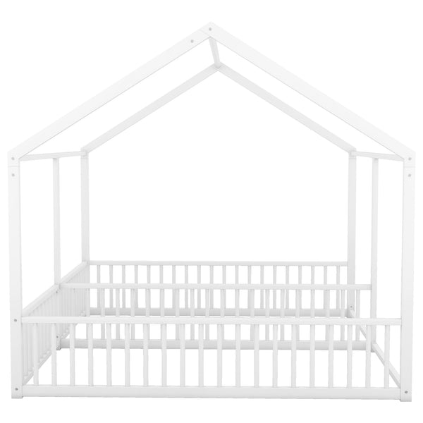 English Elm Metal Twin House Platform Bed with Guardrails and Playful Roof Window Design for Families Antique White MF307505AAK