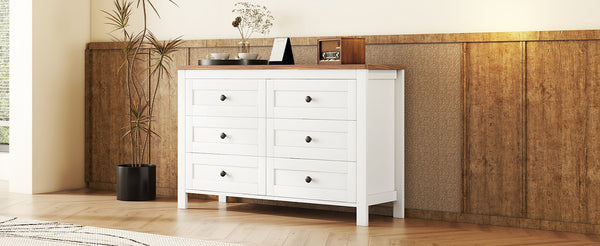 English Elm Retro Vintage Farmhouse Dresser with 6 Deep Drawers for Bedroom Storage, Durable Wooden Design White 59.84 L x 18.31 W x 12.6 H WF317946AAK