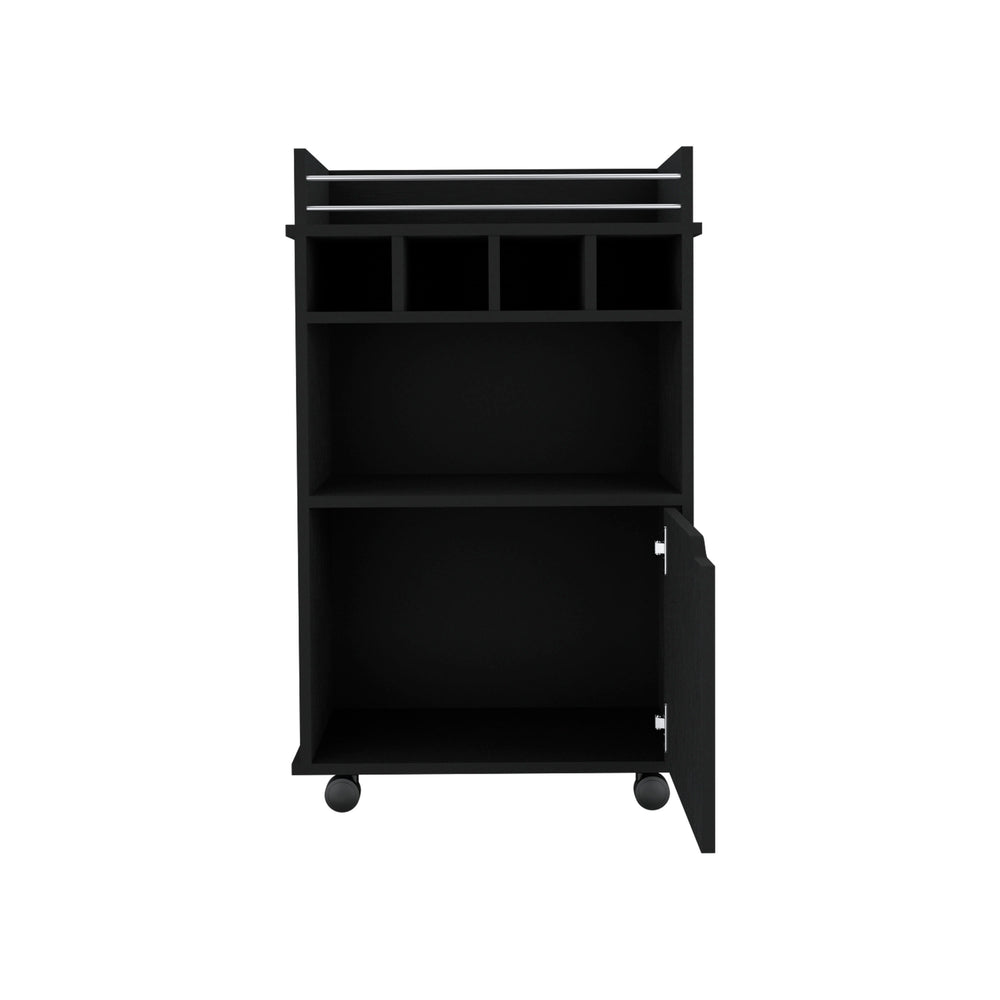 English Elm DEPOT Sims 35" H Bar Cart with 2 Shelves, 4 Wine Cubbies & Cabinet in Black — Compact 35"H organizer B097P167416