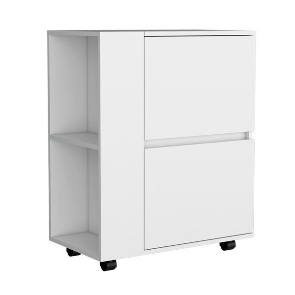 English Elm Bar Cart White Pine Two Pull-Down Doors, Two Open Shelves, Swivel Wheels with Brakes, Compact Storage B097P167409