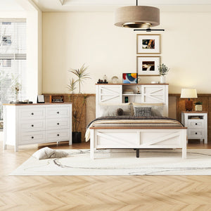 English Elm 3-Pieces Bedroom Set Full Size Farmhouse Platform Bed with Storage Headboard, Nightstand & Dresser White 59.25 L x 18.31 W x 8.27 H N733S369048K