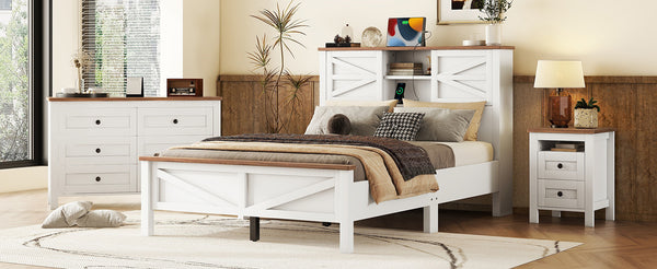 English Elm 3-Pieces Bedroom Set Full Size Farmhouse Platform Bed with Storage Headboard, Nightstand & Dresser White 59.25 L x 18.31 W x 8.27 H N733S369048K