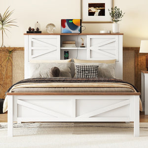 English Elm Farmhouse Platform Bed With Double Sliding Barn Door, Full Size Rustic Wood Bed With
Charging Station, Wood Slats Support, White+Brown