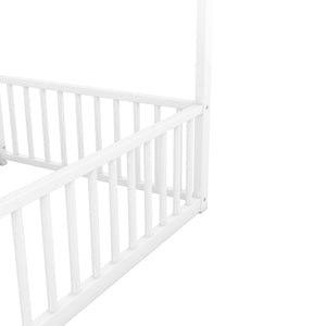 English Elm Metal Twin House Platform Bed with Guardrails and Playful Roof Window Design for Families Antique White MF307505AAK