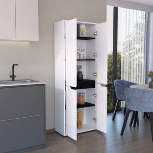 English Elm 67"H Pine Kitchen Storage Cabinet with 4 Doors, 5 Shelves, White & Black Finish - Slim 23.6" W Design, Durable Laminated Particle Board B097P167411