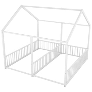 English Elm Metal Twin House Platform Bed with Guardrails and Playful Roof Window Design for Families Antique White MF307505AAK