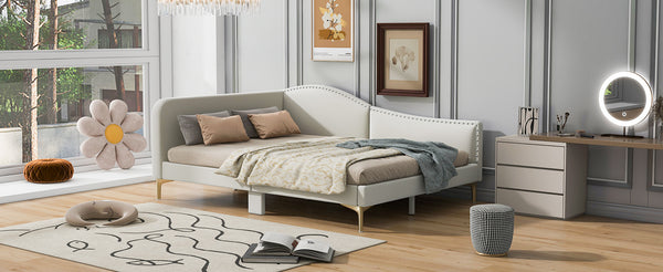 English Elm Full Full Size Upholstered Daybed with Headboard and Armrest, Linen-Blend Fabric, Solid Pine Frame, Guardrails for Guests and Lounging Beige WF318303AAM