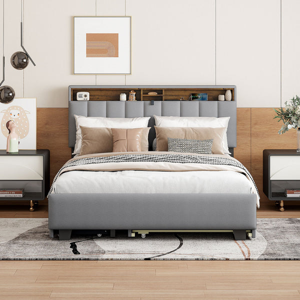 English Elm Queen Upholstered Platform Bed with Hidden Headboard Storage, USB Ports, Trundle & Dual Drawers Gray SF000121AAE