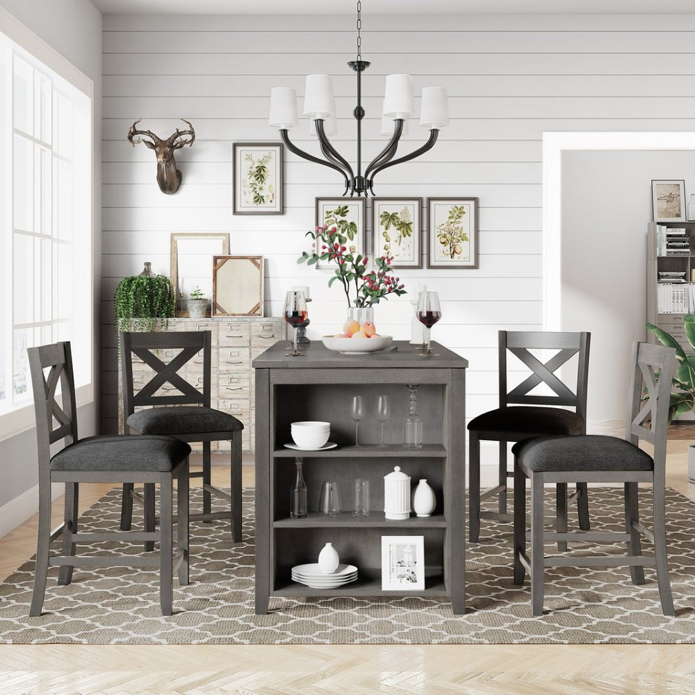English Elm Topmax Rustic Farmhouse Counter Dining Set Rubberwood Table Shelf and 4 Cushioned Chairs N717S001135E