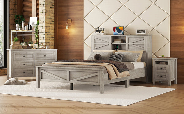 English Elm 3-Pieces Bedroom Set Full Size Farmhouse Platform Bed with Storage Headboard, Nightstand & Dresser Antique Gray 46.25 L x 9.25 W x 9 H N733S369037G