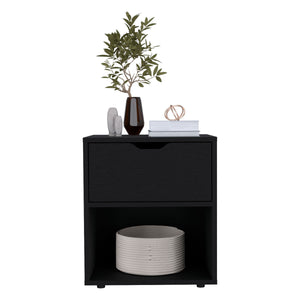 English Elm 19.7" High Nightstand End Table with Drawer & Open Shelf, Compact Black Pine Finish for Small Spaces B097P167408