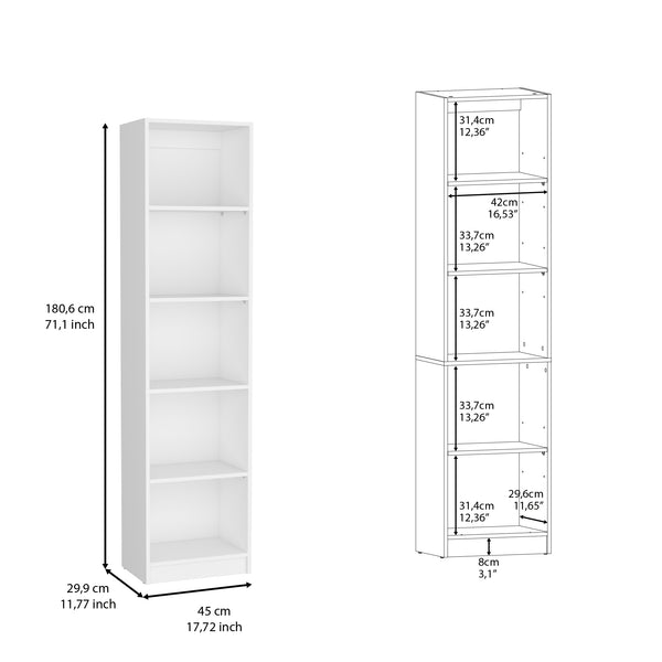 English Elm Vinton compact bookcase with five shelves for small spaces, durable pine-style wood, easy assembly White 44.88 L x 15.35 W x 5.12 H B097P167422