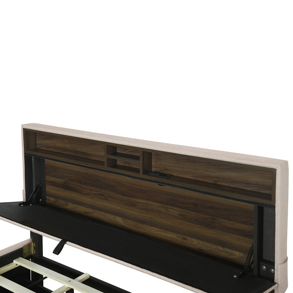 English Elm Queen Upholstered Platform Bed with Hidden Headboard Storage, USB Ports, Trundle & Dual Drawers Beige SF000121AAA