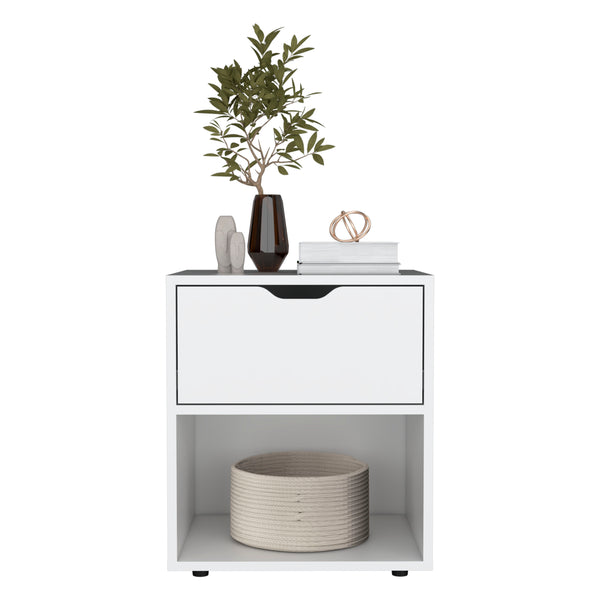 English Elm DEPOT Adak 19.7" H Nightstand End Table in White — Compact Pine Look, 1 Drawer & Open Shelf, Durable Finish B097P167406