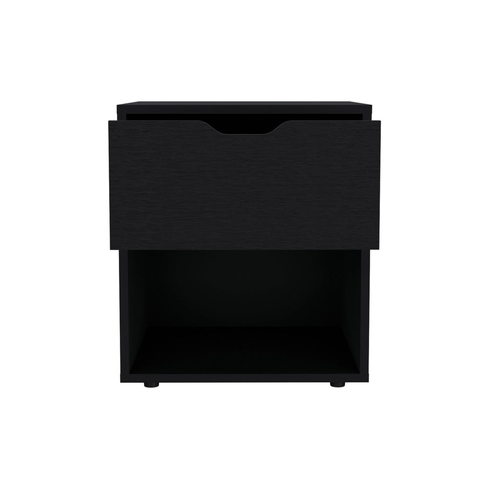 English Elm 19.7" High Nightstand End Table with Drawer & Open Shelf, Compact Black Pine Finish for Small Spaces B097P167408