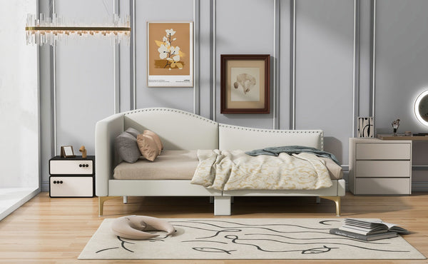 English Elm Full Full Size Upholstered Daybed with Headboard and Armrest, Linen-Blend Fabric, Solid Pine Frame, Guardrails for Guests and Lounging Beige WF318303AAM