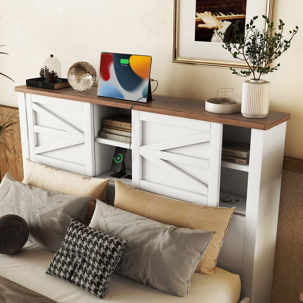 English Elm 3-Pieces Bedroom Set Full Size Farmhouse Platform Bed with Storage Headboard, Nightstand & Dresser White 59.25 L x 18.31 W x 8.27 H N733S369048K