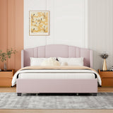 English Elm Upholstered Platform Bed With Wingback Headboard and 4 Drawers, No Box Spring Needed, Linen Fabric, Queen Size Pink