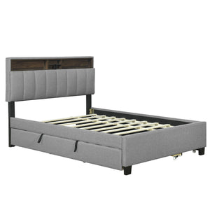 English Elm Full Upholstered Platform Bed with Hidden Headboard Storage, USB Ports, Trundle & 2 Drawers, Linen Durable Design Gray SF000120AAE