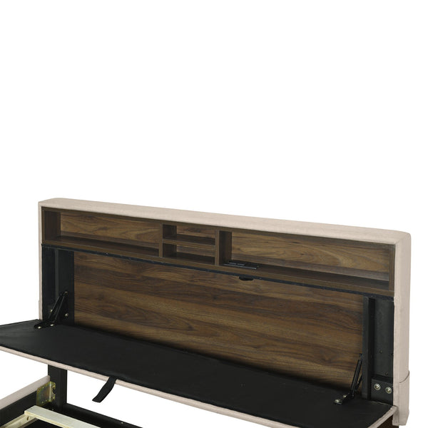 English Elm Full Upholstered Platform Bed with Hidden Headboard Storage, USB Ports, Trundle & 2 Drawers, Linen Durable Design Beige SF000120AAA