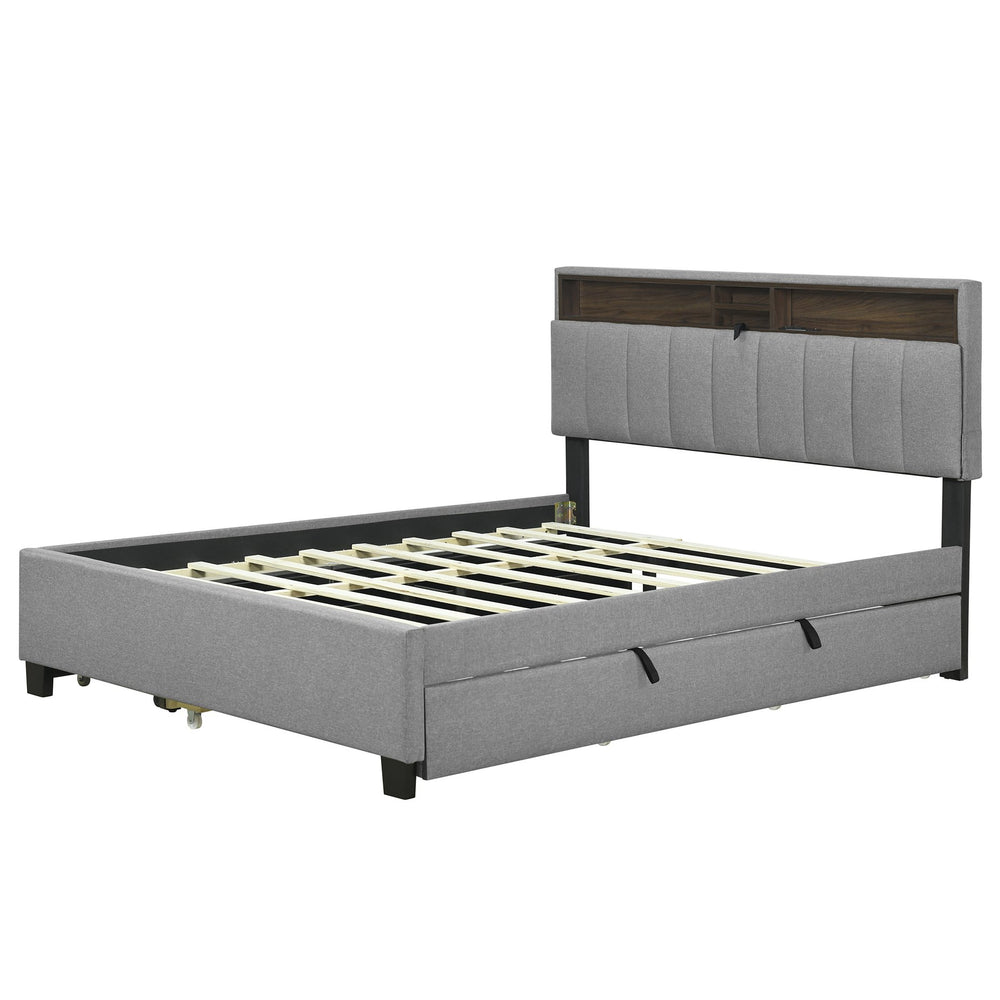 English Elm Queen Upholstered Platform Bed with Hidden Headboard Storage, USB Ports, Trundle & Dual Drawers Gray SF000121AAE