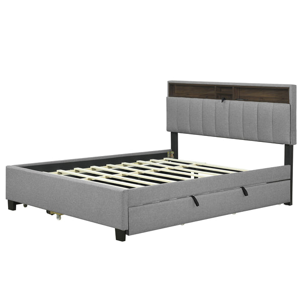 English Elm Queen Upholstered Platform Bed with Hidden Headboard Storage, USB Ports, Trundle & Dual Drawers Gray SF000121AAE
