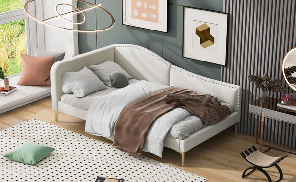 English Elm Twin Upholstered Daybed with Headboard and Armrest, Linen-Blend Finish, Guardrails, Solid Pine Frame Beige WF318293AAM