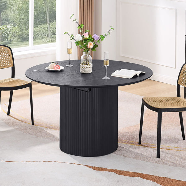 English Elm Expandable Oval Dining Table Matte Black Mdf Top Seats Six Modern Pedestal Base W876S00235